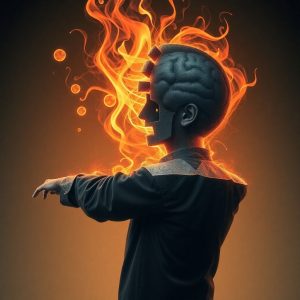 Surreal illustration of a person with a burning brain and open head, symbolizing intense focus and mental breakdown of the scalping trading approach