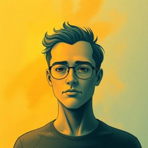 Illustration of a thoughtful young man with glasses on a yellow background, representing the importance of mindset before learning methods