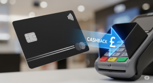 A sleek credit card is used for a contactless payment, with a glowing arrow and a British pound symbol flowing from the terminal to the card to symbolize a cashback reward. 
