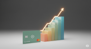A light-green, minimalist credit card is positioned at the base of a glowing digital bar graph that trends upwards, symbolizing credit building and strategic financial progress.