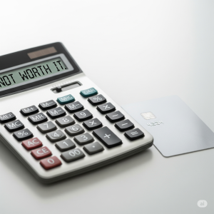 A calculator displaying the verdict 'NOT WORTH IT' next to a credit card, symbolizing the result of a financial analysis of its annual fee.