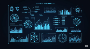 A sophisticated, glowing holographic display in shades of blue and purple showing a complex analysis framework. The image contains interconnected nodes, graphs, and data visualizations, representing a structured system for strategic, data-driven insights. 