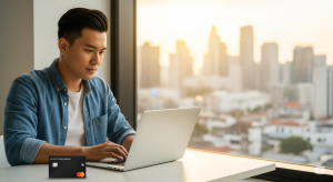 A person representing a 'global citizen' works on a laptop in a modern space overlooking a city skyline, with their fintech challenger card on the desk, symbolizing a lifestyle of freedom and remote work.