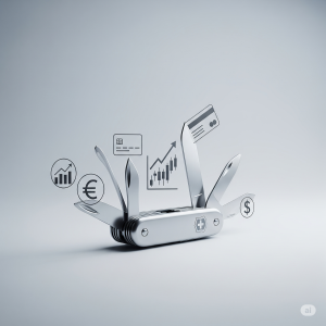 A modern multi-tool resembling a Swiss Army knife unfolds to reveal financial tool icons, such as a credit card and a stock chart, instead of blades. One tool is extended to symbolize choosing the ideal financial product for a specific need.