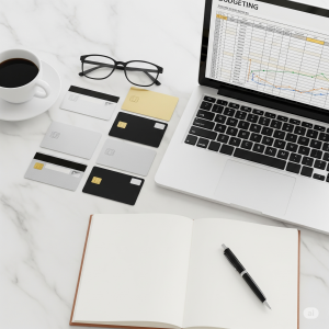 A flat lay of credit cards, a laptop with a budget spreadsheet, and a cup of coffee, representing financial planning.