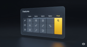 A sophisticated holographic interface displays a feature comparison matrix using minimalist icons. One column is highlighted in gold, symbolizing a well-researched and discerning choice.