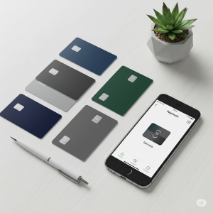 A flat lay of several modern, minimalist credit cards on a desk with a smartphone and a pen, representing personal finance.