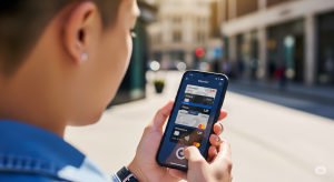 A close-up of a person's hand holding a smartphone with a digital wallet app on the screen. The app displays several UK credit cards, and the blurred background shows a modern London street, illustrating the concept of financial technology (fintech) and the modern credit landscape in the UK.