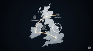 A stylized digital map of the UK with a glowing line illustrating a clear path through application stages, guided by a compass icon to symbolize expertise and successful navigation of the process.