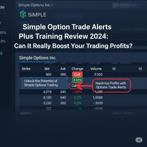 Detailed screenshot of a professional financial trading interface, with the title 'Simple Option Trade Alerts Plus Training Review 2024'. It displays options data, highlighting a 'Call' option with the text 'Maximize Profits with Options Trade Alerts', in a modern blue, gray, and white design.