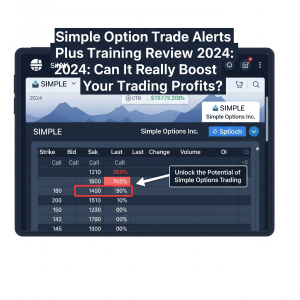 High-quality screenshot of a financial trading interface titled 'Simple Option Trade Alerts Plus Training Review 2024'. It displays options data, highlighting a 'Call' option with the text 'Unlock the Potential of Simple Options Trading', in a modern blue, gray, and white design.