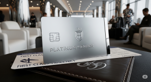 A luxurious, metallic platinum credit card with a fictitious logo rests on a leather passport wallet next to a first-class airline ticket. The background is a blurred, upscale airport lounge, conveying a sense of exclusive, high-end travel.