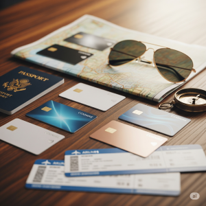 A flat lay of credit cards, a passport, a map, and sunglasses, representing planning a trip and using travel rewards.