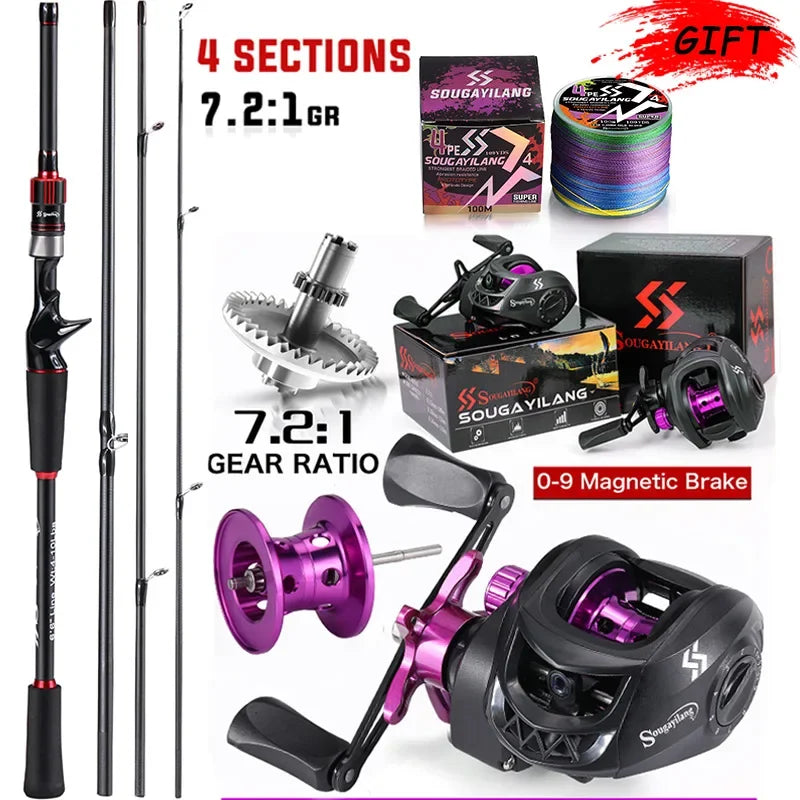 Sougayilang Vara de Pesca, Carretel, Combinação de 1,8 a 2,1 m, Vara de Fibra de Carbono, Relação de Engrenagem 7,2:1, Baitcasting Ree Max Drag 10 kg para Robalo