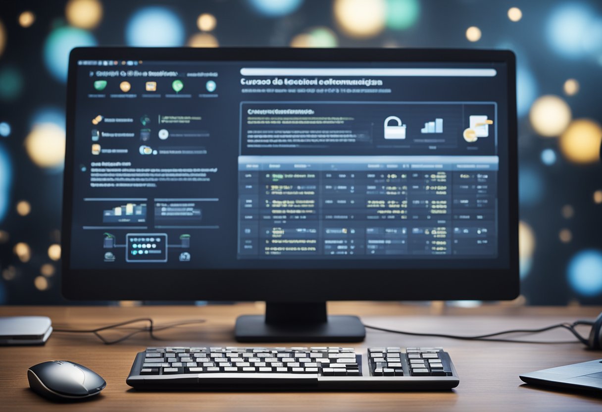 A computer screen displaying "Cursos de Tecnologia da Informação Melhores cursos online gratuitos." with a keyboard and mouse beside it
