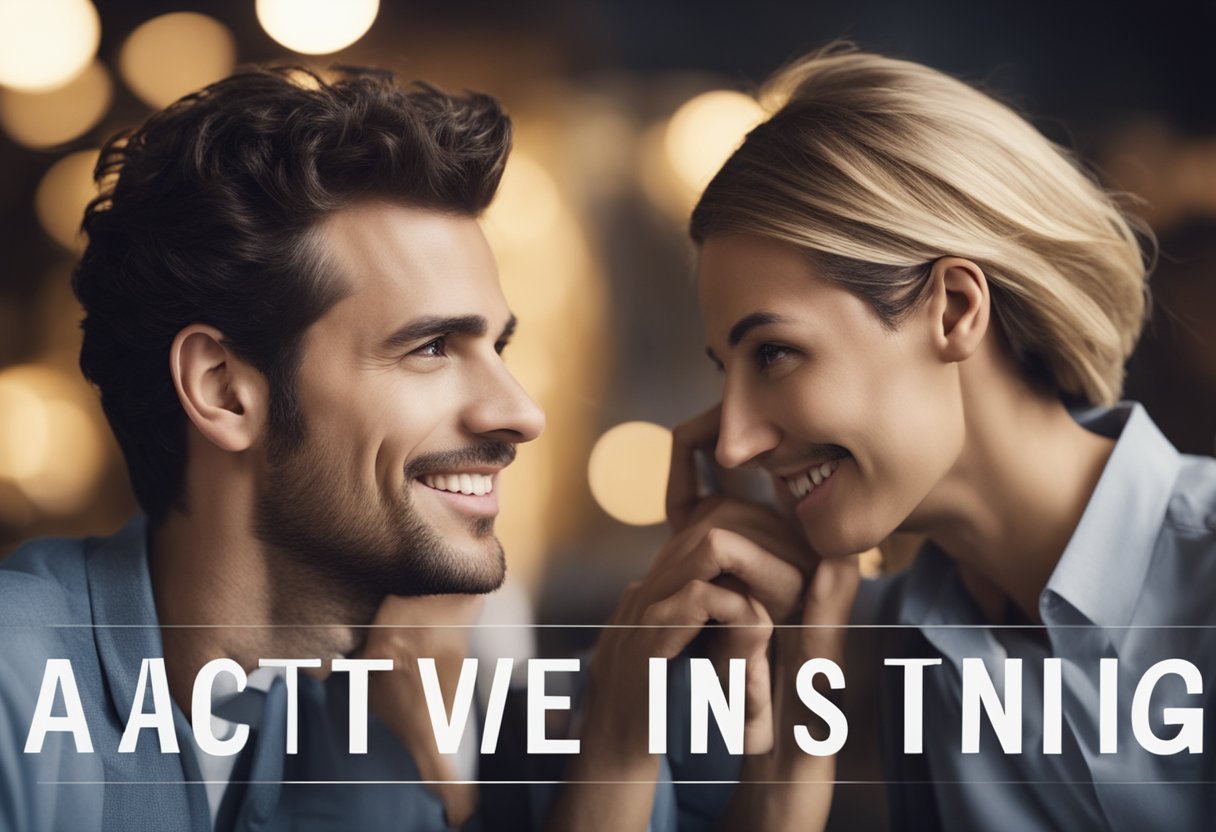 Two people engaged in active listening, maintaining eye contact and nodding in understanding. A speech bubble with the word "active listening" hovers between them