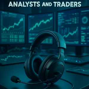 Headset em mesa de trading com gráficos financeiros ao fundo.