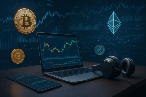 Crypto analyst using a noise-cancelling headset during a live trading session