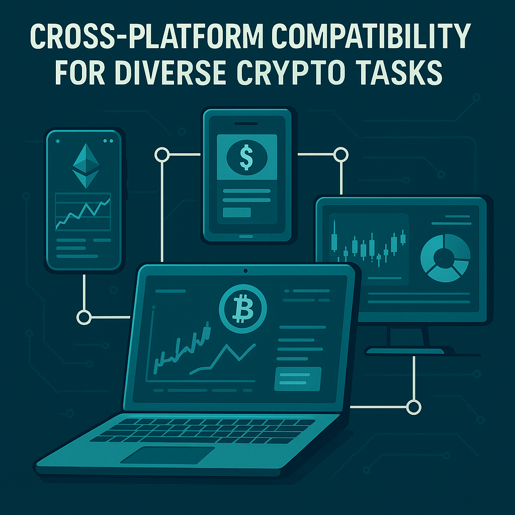 Crypto task integration on laptop, phone, tablet, and desktop.