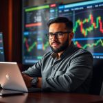 Professional day trader analyzing stock charts on multiple monitors in a modern office setup