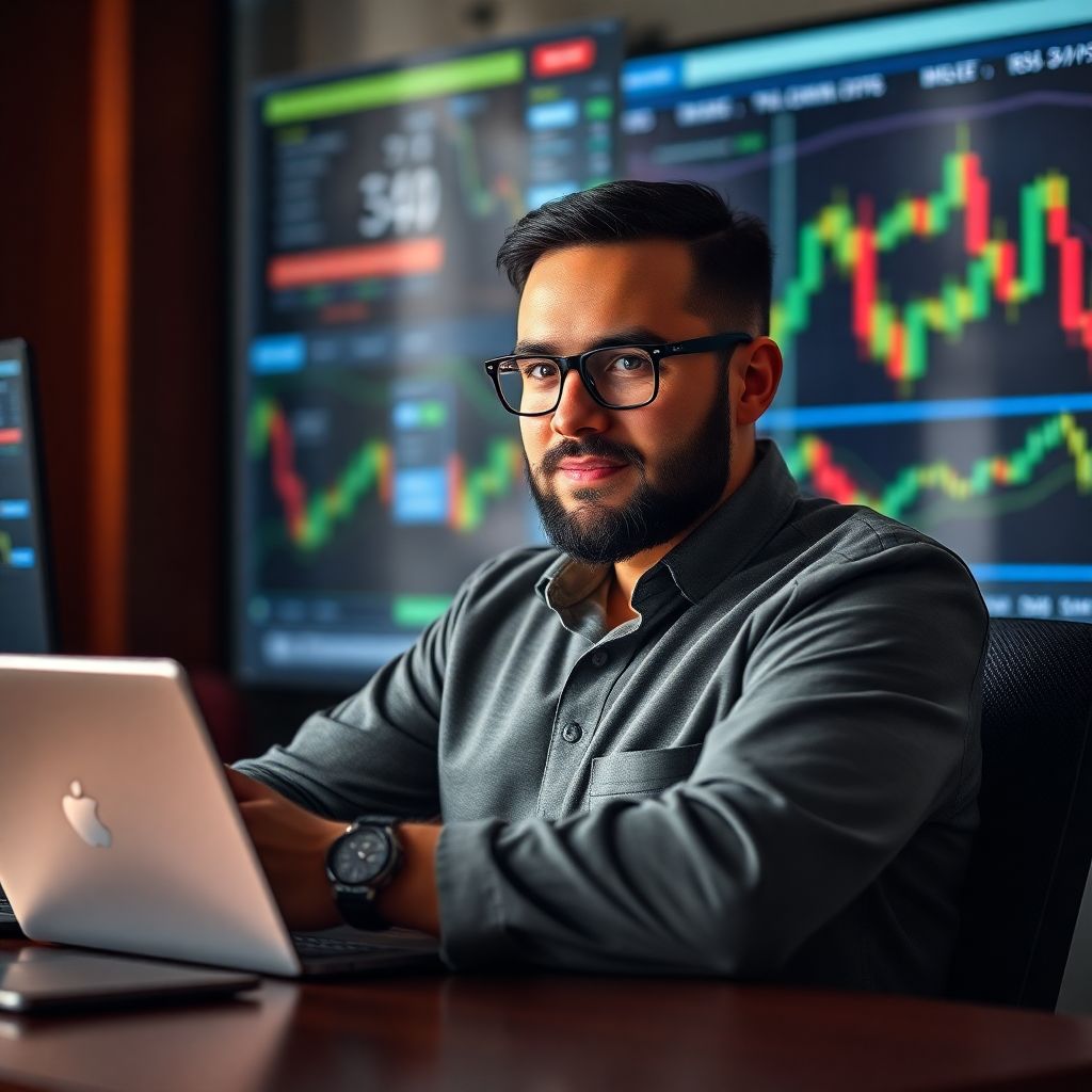 Professional day trader analyzing stock charts on multiple monitors in a modern office setup