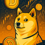 Digital art of Dogecoin with Shiba Inu and crypto elements.