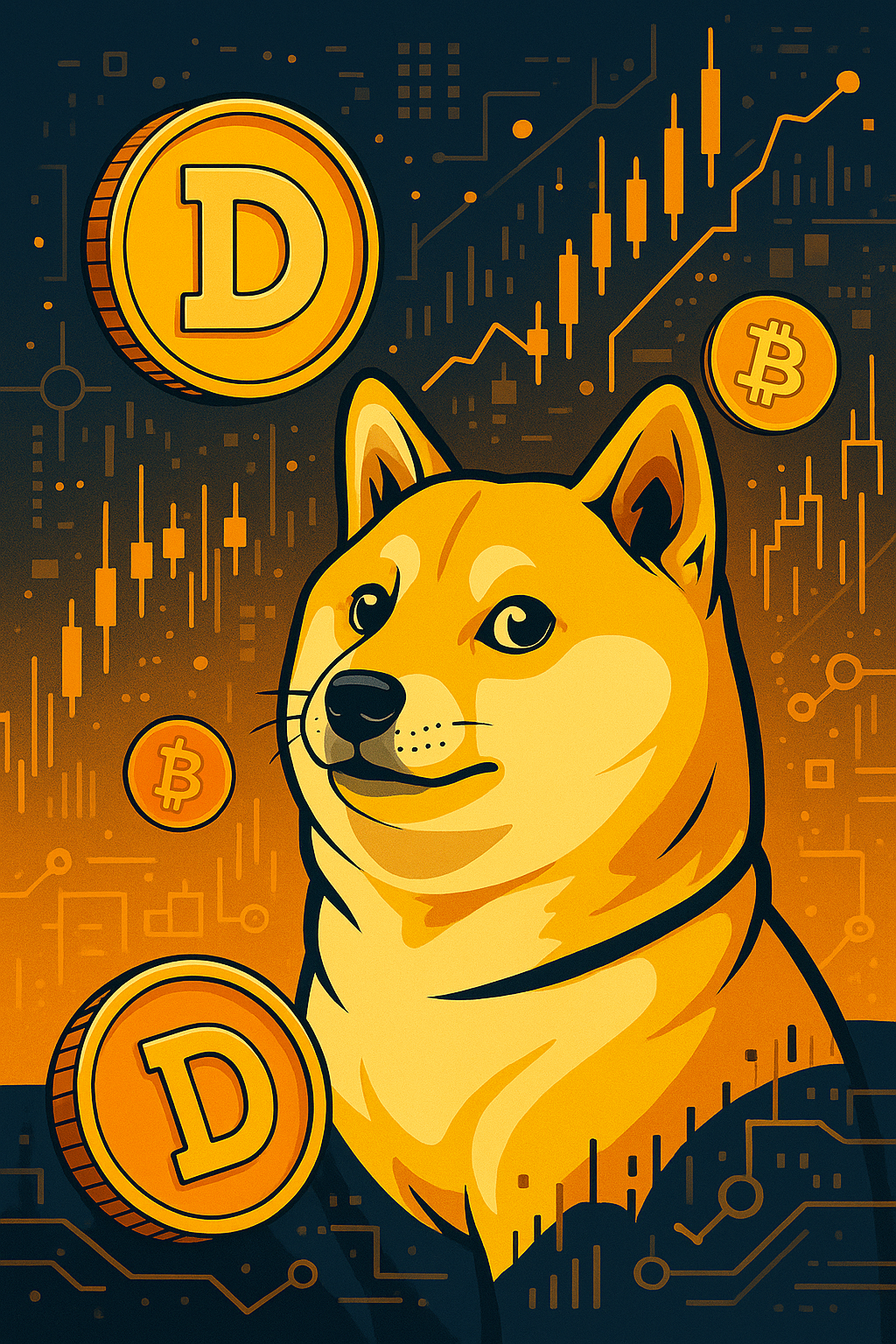 Digital art of Dogecoin with Shiba Inu and crypto elements.