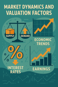 Digital infographic illustrating market dynamics and valuation factors, featuring supply and demand, economic trends, interest rates, and earnings with colorful icons and graphics.