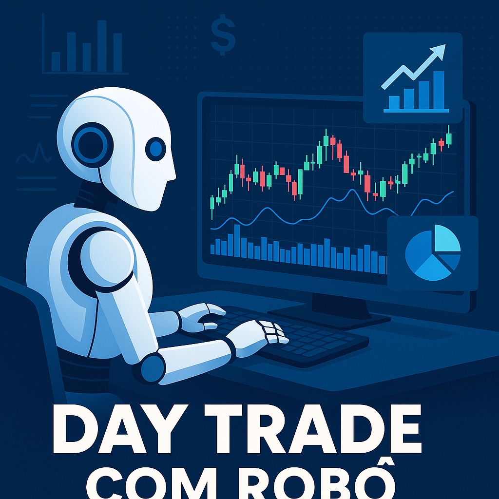 A futuristic robot actively trading on a digital screen with candlestick charts and market indicators, symbolizing automated day trading with AI.