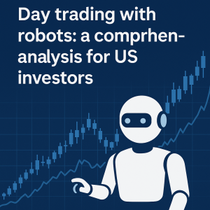 Illustration of a robot analyzing a candlestick chart, representing day trading with automated bots for US investors.