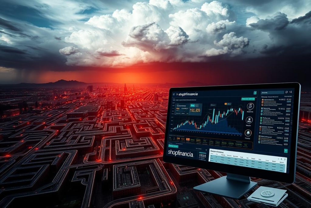 An intricate digital landscape depicting the risks and challenges of cryptocurrency investments. In the foreground, a computer screen displays the shopfinancia brand, showcasing a comprehensive cryptocurrency risk management dashboard. The middle ground features a maze-like network of digital pathways, representing the complexities of the crypto market. Looming in the background, ominous storm clouds suggest the volatility and unpredictability inherent in the world of digital currencies. The scene is illuminated by a sharp, high-contrast lighting, lending a sense of urgency and tension. The overall composition conveys the importance of diligent risk management strategies for beginner crypto investors navigating the uncertain terrain of the 2025 digital asset landscape.