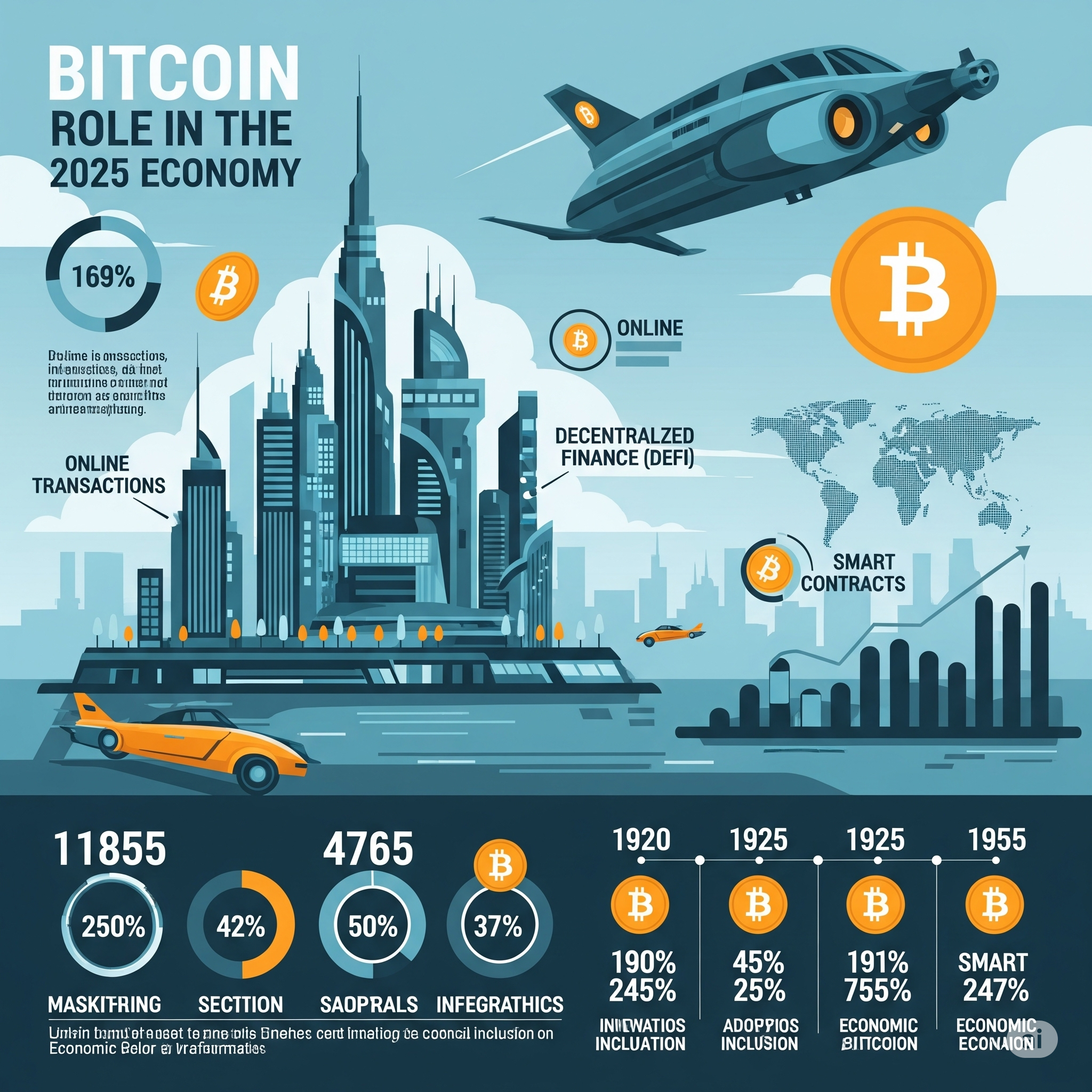 Infográfico sobre o papel do Bitcoin na economia de 2025, mostrando transações online, DeFi e contratos inteligentes em uma cidade futurista com dados estatísticos.