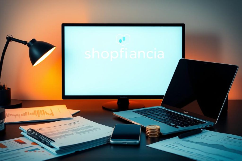 Cryptocurrency investment guide: A sleek, modern desktop setup with a laptop, smartphone, and various finance documents. The background features the shopfinancia brand logo in a minimalist style, suggesting a professional financial services company. Warm, directional lighting illuminates the scene, creating a sense of focus and clarity. The composition emphasizes the tools and resources needed for successful cryptocurrency investment, with a clean, uncluttered aesthetic.