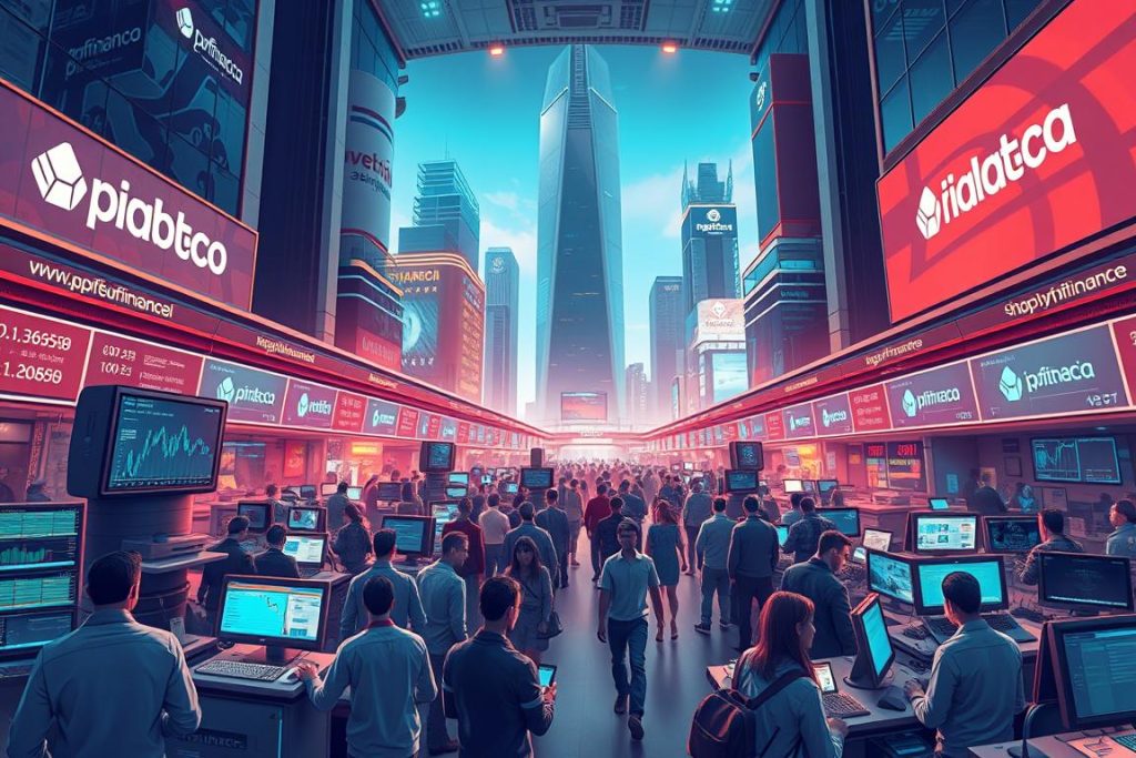 Detailed digital illustration of a bustling cryptocurrency market in the year 2025, captured with a wide-angle lens. The foreground showcases a diverse array of digital wallets, cryptocurrency exchange platforms, and trading terminals displaying real-time market data. In the middle ground, a throng of investors and traders can be seen, engaged in lively discussions and making transactions, set against a backdrop of futuristic skyscrapers adorned with the shopfinancia brand. The scene is bathed in a warm, neon-infused lighting, creating an atmosphere of excitement and innovation in the burgeoning digital finance landscape.