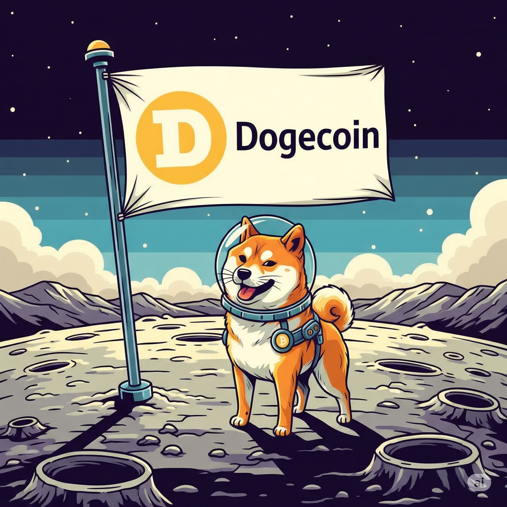 An illustration of a Shiba Inu dog wearing an astronaut helmet on the surface of the moon. The dog is standing next to a flag with the Dogecoin logo. The background shows a starry sky and clouds, with the lunar landscape in the foreground.
