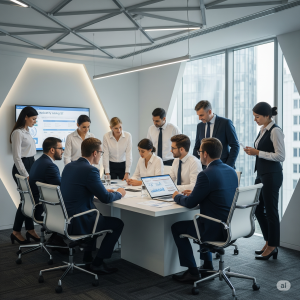 A group of business professionals in a modern conference room, gathered around a table for an analysis session. They are examining data on a laptop and documents, while a presentation screen displays charts in the background. The scene depicts collaboration and data analysis by experts.