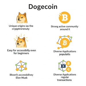 An infographic illustrating the factors behind Dogecoin's popularity. The image displays six icons with the following concepts: unique origins as a meme-based cryptocurrency, a strong and active community, ease of access for beginners, diverse applications, the influence of public figures like Elon Musk, and its use in regular transactions.