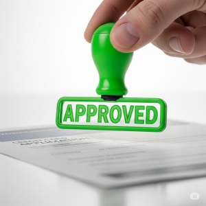 An image of a credit card application receiving a green "Approved" stamp, symbolizing a successful outcome in the process of rebuilding credit.