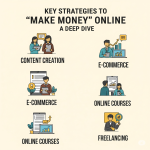 An infographic detailing various online money-making strategies, including content creation, e-commerce, affiliate marketing, online courses, and freelancing.
