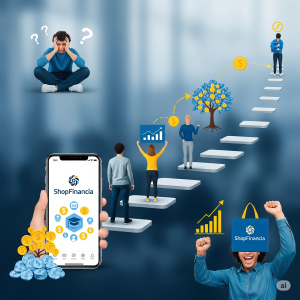 A person's financial journey, showing them moving from confusion to confidence and success with ShopFinancia's support, depicted in blue and yellow tones.