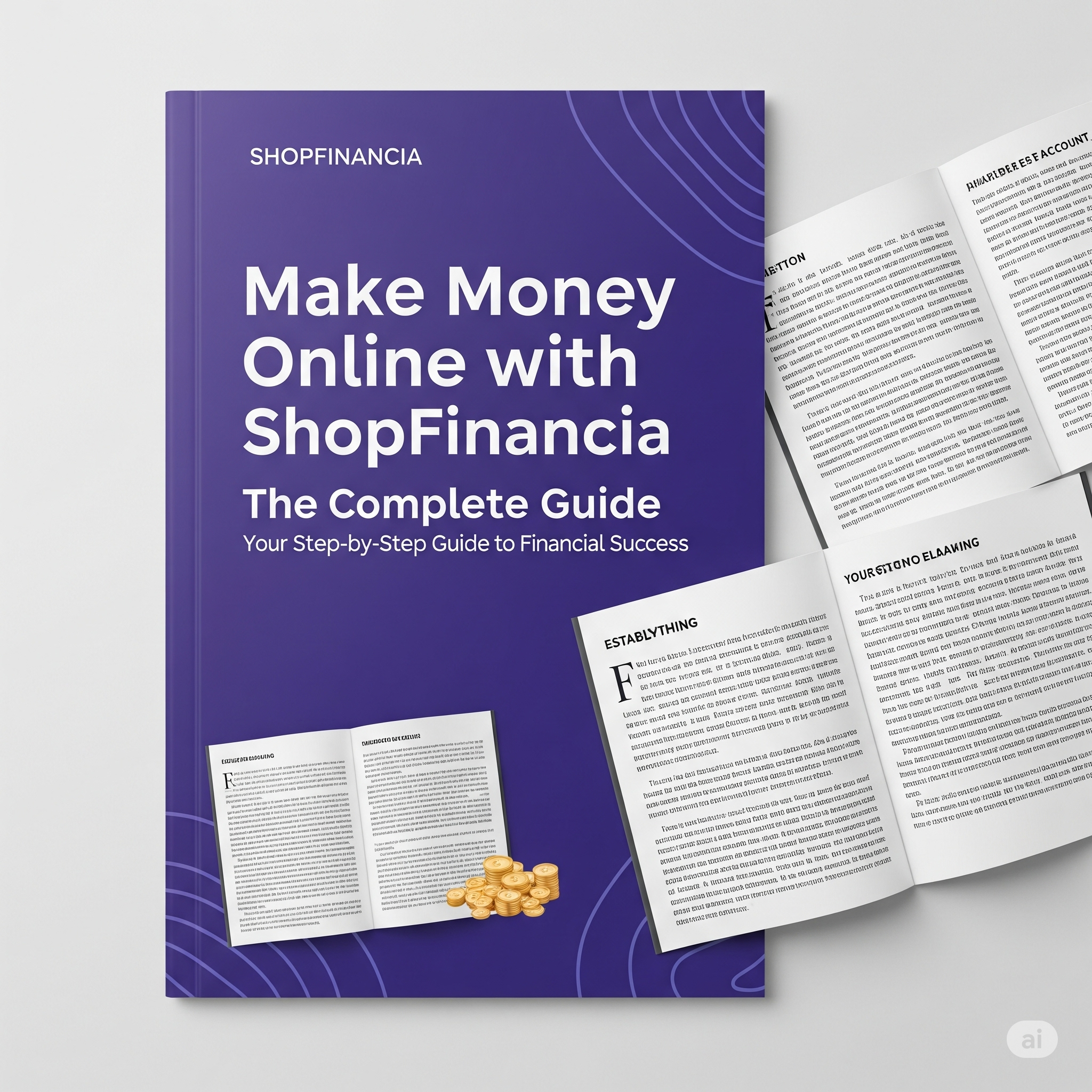 A guide cover titled "Make Money Online with ShopFinancia: The Complete Guide," featuring a modern design and vibrant colors.