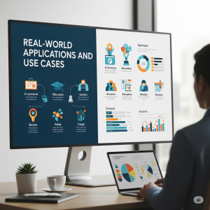 An image of a person at a desk reviewing a presentation on a large computer monitor. The screen displays a professional infographic titled "Real-World Applications and Use Cases," with icons and charts representing various sectors like e-commerce, education, and energy. A laptop on the desk also shows related data visualizations.