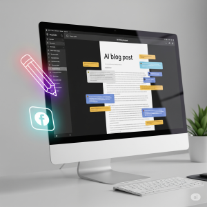 Using an AI content creation tool on a modern computer to write blog posts and social media updates for an online business.