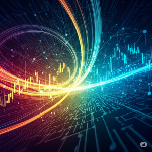 An abstract illustration representing AI-powered trading indicators. The image features swirling lines and patterns in deep blues, purples, yellows, and oranges, symbolizing complex algorithms and the continuous flow of market data. In the background, a trading platform interface with a network of lines connects to global data sources, emphasizing the speed, precision, and advanced data processing of AI-driven trading tools.