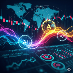 A high-quality, vibrant illustration showcasing AI-powered trading indicators. Dynamic swirling lines in blue, purple, yellow, and orange represent data flow and complex algorithms against a stylized trading platform background with global data connections. The image conveys speed, precision, and the futuristic nature of AI in global trading.