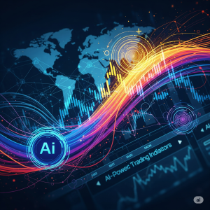 A vibrant, abstract illustration depicting AI-powered trading indicators. Swirling lines in blues, purples, yellows, and oranges represent complex algorithms and data flow. The background shows a trading platform with global data connections, emphasizing speed, precision, and the futuristic nature of AI in trading.