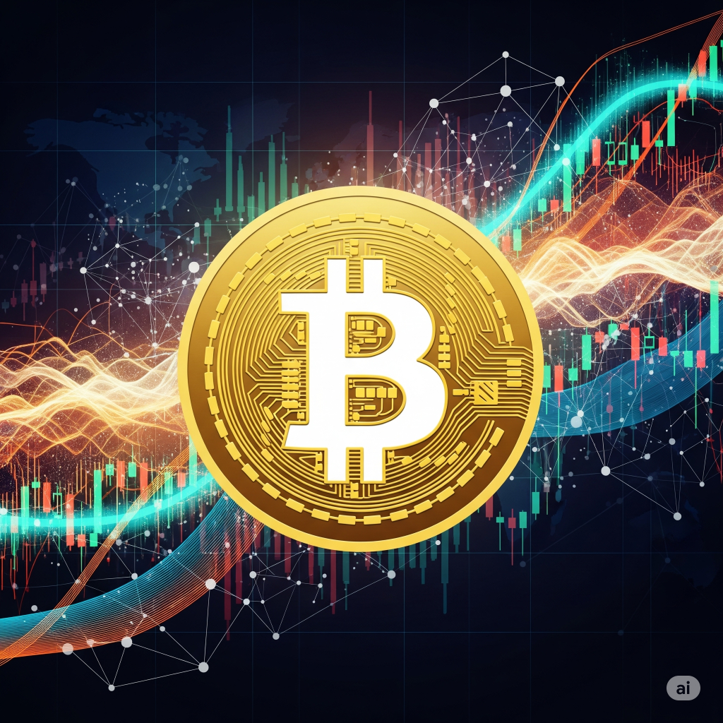A stylized image of the Bitcoin logo with financial graphs and global digital networks, symbolizing its transformative impact on finance.