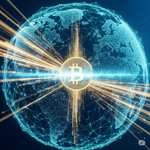 A dynamic image of digital currency flowing through a global network with the Bitcoin symbol, representing its financial impact.