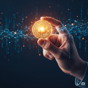 A hand holding a glowing Bitcoin coin with a background of interconnected lines, symbolizing innovation and the future of finance.