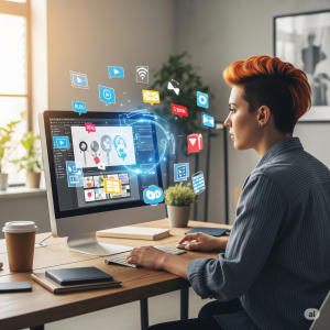A person creating digital content on a computer, surrounded by icons of digital assets like videos, blogs, and e-books.